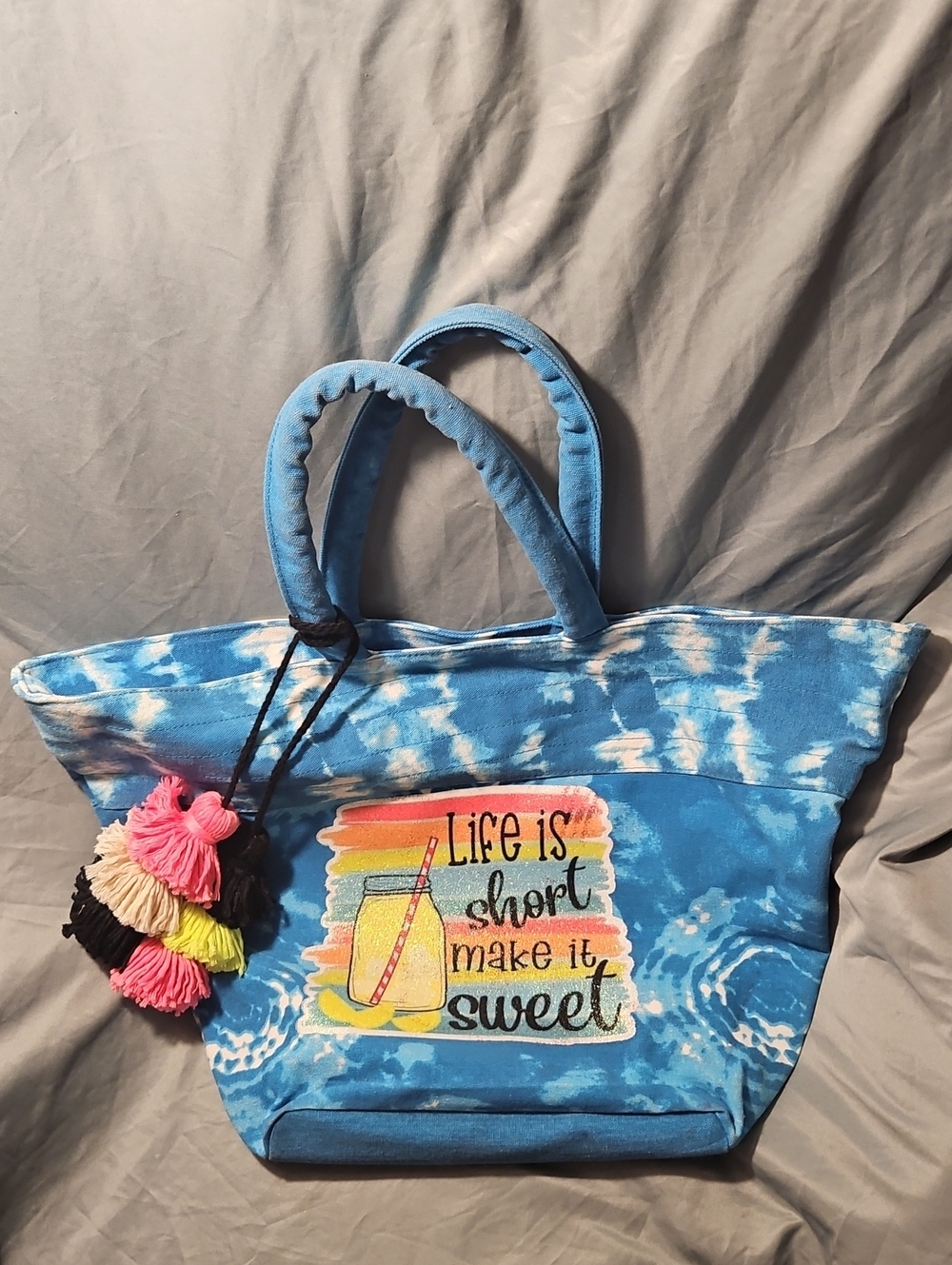 Blue Tie-Dye Canvas Tote Bag - Life Is Short Make It Sweet